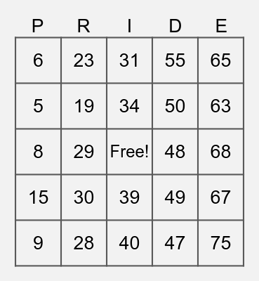 PRIDE ERG Bingo Card