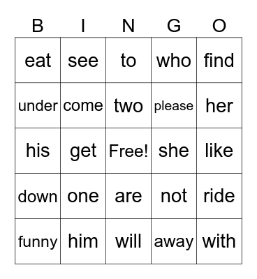 Sight Words  Bingo Card