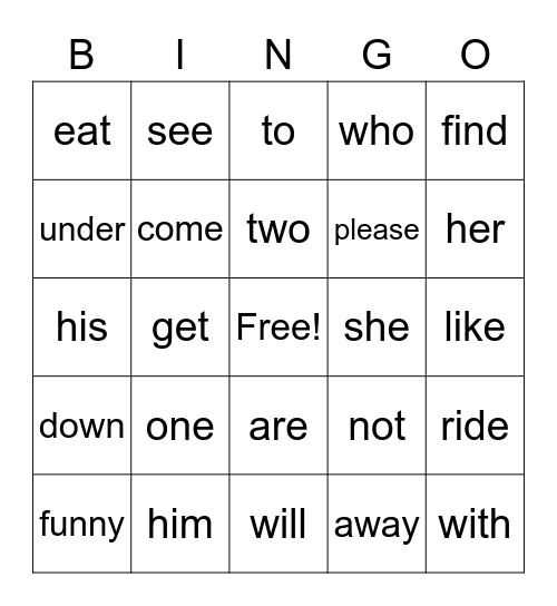 Sight Words  Bingo Card