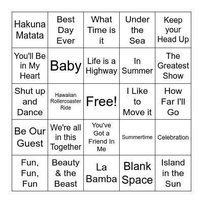Summer Music Bingo Card