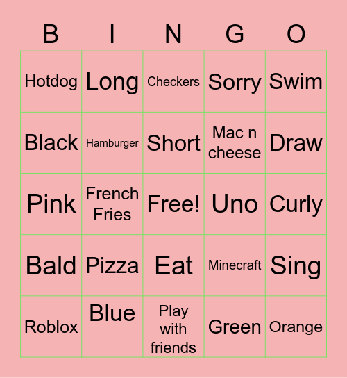Learning About Me Bingo Card