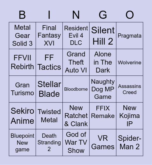 Play Station 5 Bingo Card