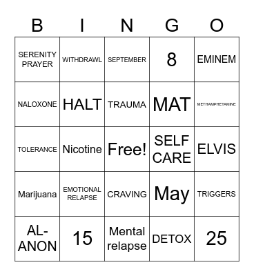 RECOVERY Bingo Card