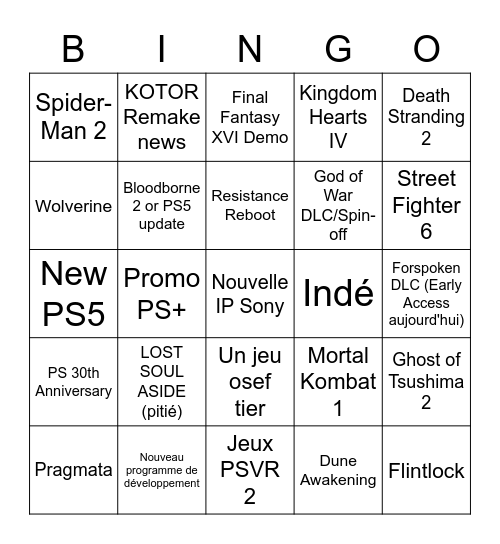 PlayStation Showcase Bingo Card