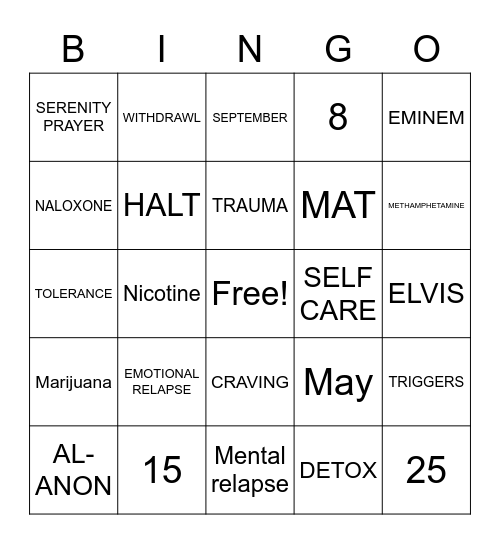 RECOVERY Bingo Card