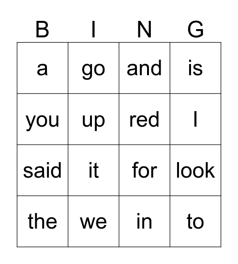 Sight Words Bingo Card