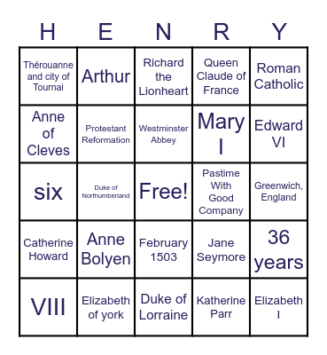 HENRY VIII BINGO Card