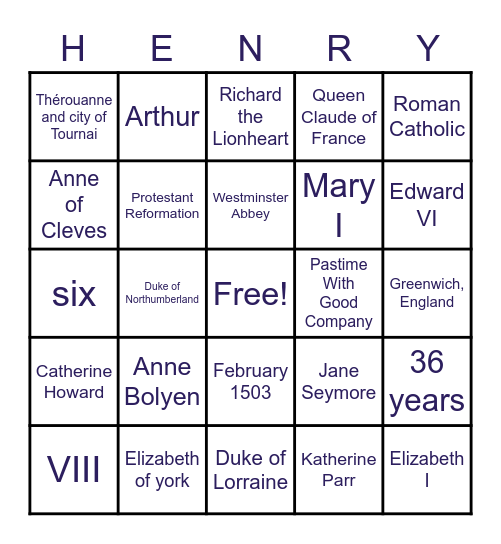 HENRY VIII BINGO Card