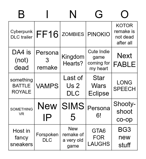 PS showcase Bingo Card