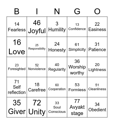 Self Respect Bingo Card