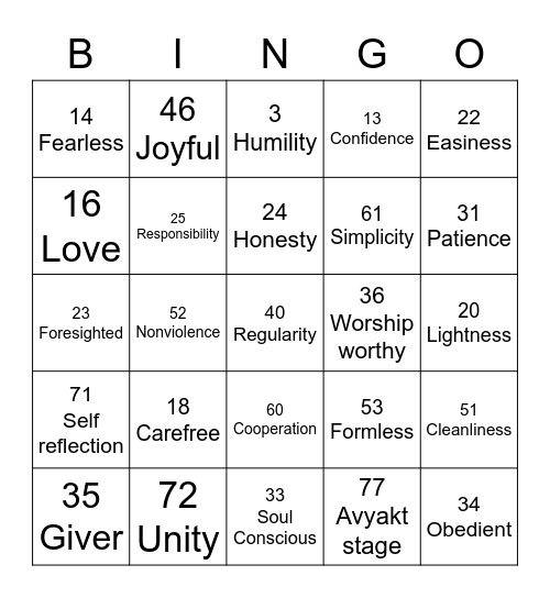 Self Respect Bingo Card