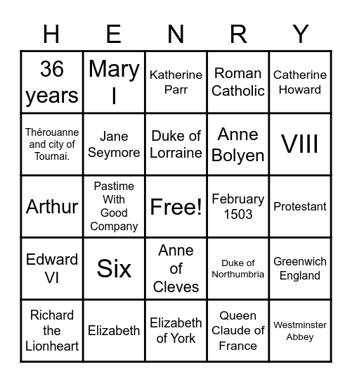 Henry VIII Bingo Card