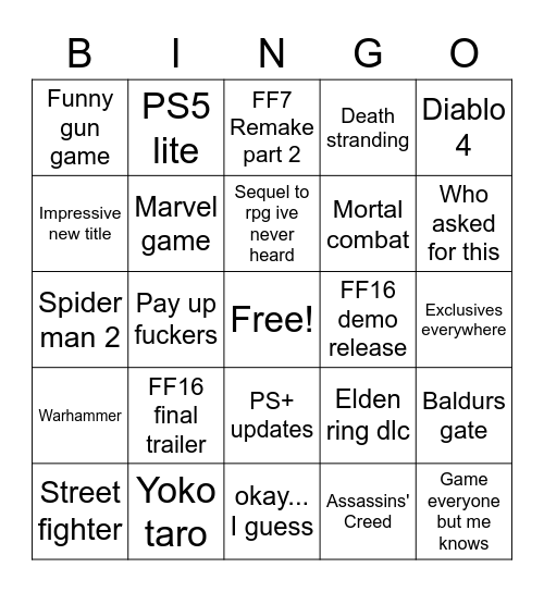 Sony showcase Bingo Card