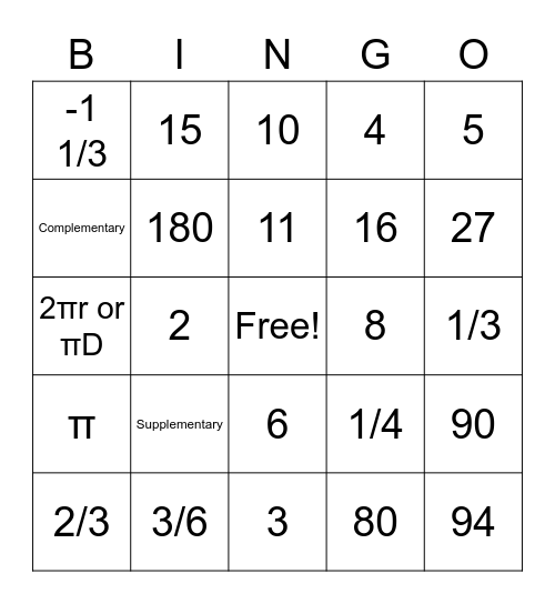 Math Review Bingo Card