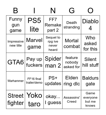 Sony showcase Bingo Card