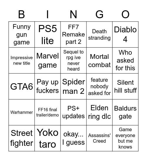 Sony showcase Bingo Card