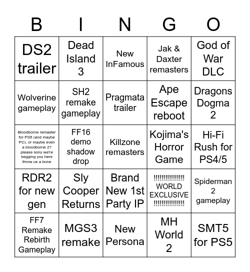 Big Boy Sony Shows Us Its Games Bingo Card