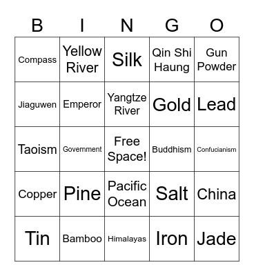 China Bingo Card