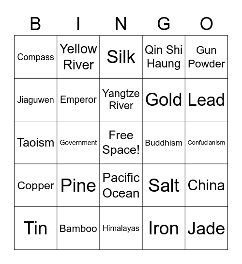 China Bingo Card