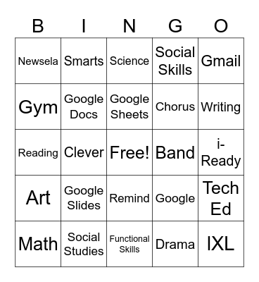 School subject and Class Block Bingo Card