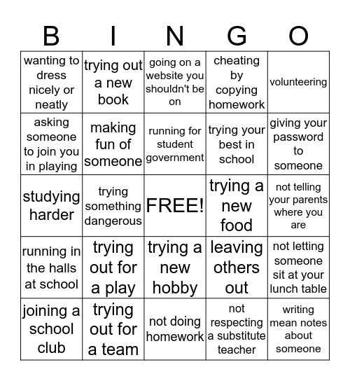 Peer Pressure Bingo Card