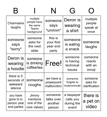 Year End Party Bingo Card