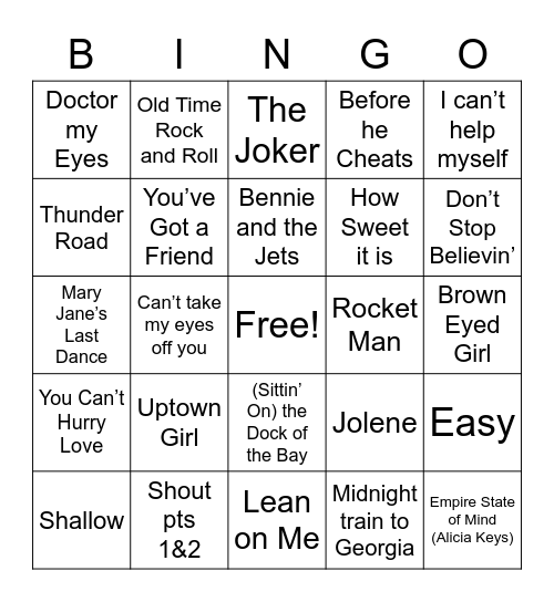 Piano Bar Bingo Card