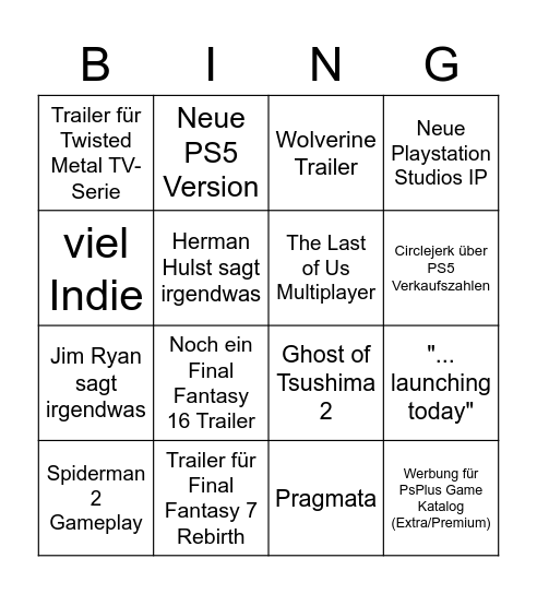 PS Showcase 2023 Bingo Card