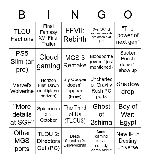 PlayStation Showcase Bingo Card