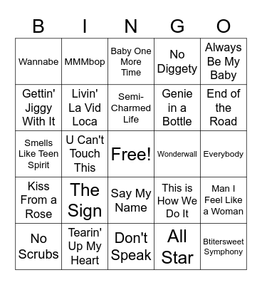 Pop Songs Bingo Card