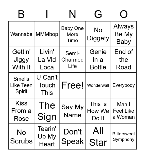 Pop Songs Bingo Card