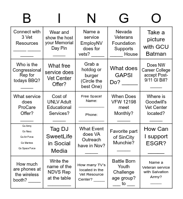 Memorial Day Veterans BBQ and Resource Fair Bingo Card