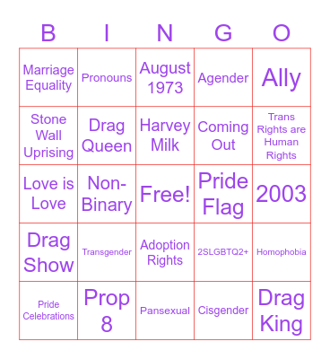 PRIDE Definition Bingo Card