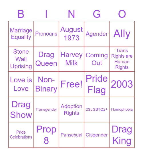 PRIDE Definition Bingo Card