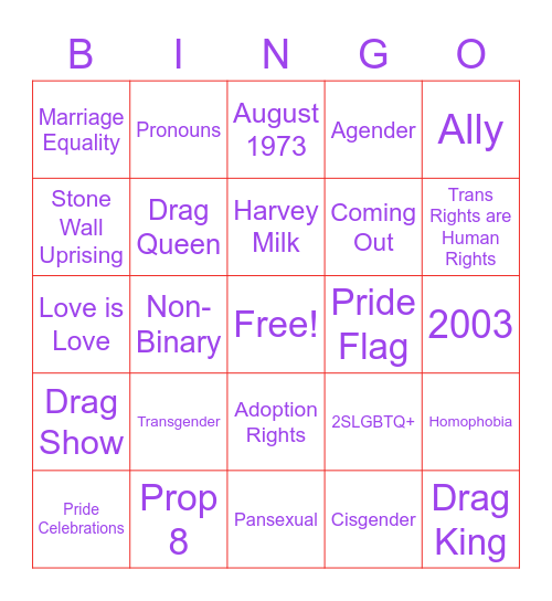 PRIDE Definition Bingo Card