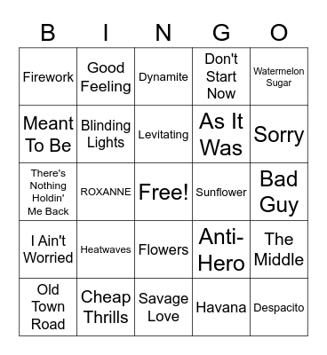 Hit Music Bingo Card