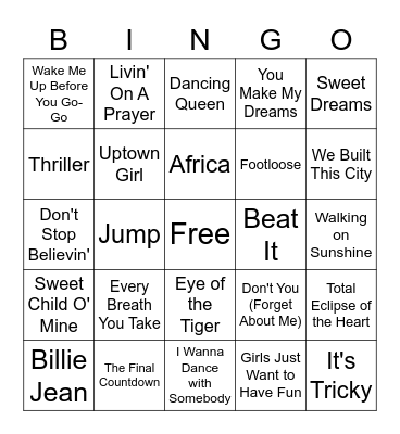 80s Music Bingo Card