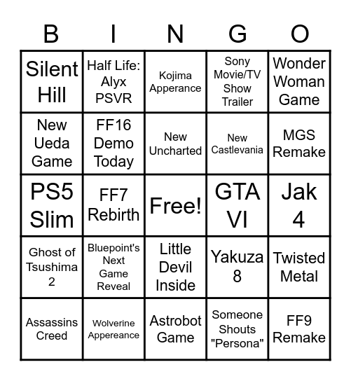 Playstation Showcase Bingo Card