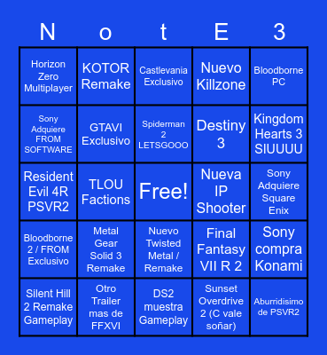 NOT E3 2023 - Playstation Showcase Bingo Card