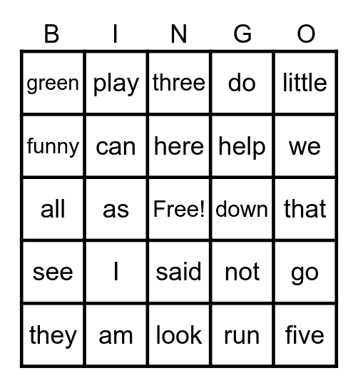 Sight Word Bingo Card
