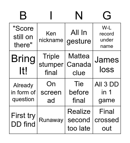 Jeopardy Bingo Card