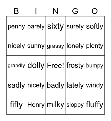 ly or y Bingo Card