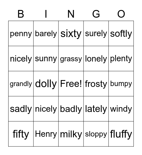 ly or y Bingo Card