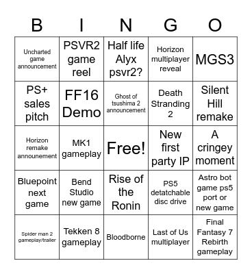 PS Showcase 2023 Bingo Card