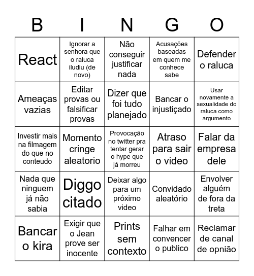 Bingo do Yanni Bingo Card