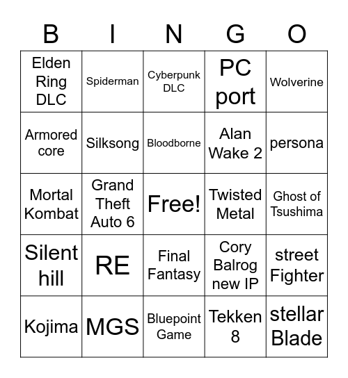 playstation Bingo Card