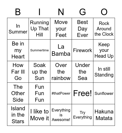 Summer Music Bingo Card