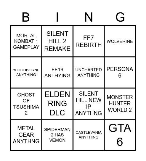 PLAYSTATION BINGO Card