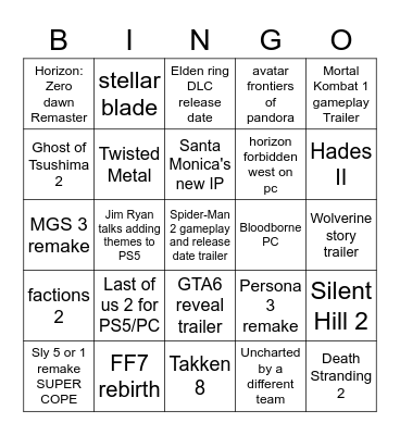 PlayStation Showcase 2023 Bingo Card
