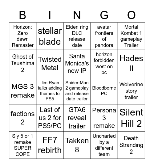 PlayStation Showcase 2023 Bingo Card